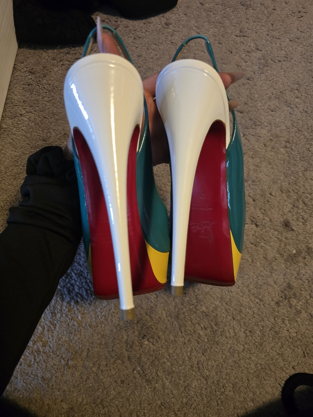 Christian Louboutin Teal and Yellow Patent Peep-Toe Slingback Pumps - Picture 5 of 6